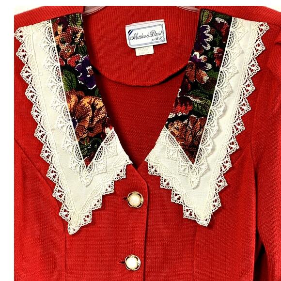 Vtg 90's Matthew & David Sweater Womens‎ Sz 16 Red Collared Grandma Cottagecore - Picture 3 of 8